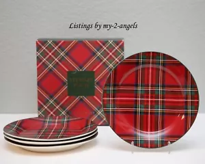 NEW Pottery Barn Christmas STEWART PLAID STONEWARE SALAD PLATES S/4 RED Holidays - Picture 1 of 4