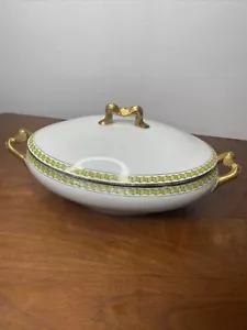 Vintage L. Bernardaud & Co Covered Vegetable Serving Dish Green Gold Pattern - Picture 1 of 10
