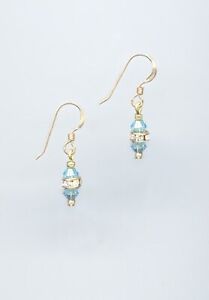 Mini Gold Earrings with AQUAMARINE Swarovski Crystals & Rhinestone Rondelles