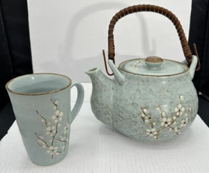 Vintage Teapot & Cup Plum Tree Branch Design Blue Mottled Pottery Wicker Handle - Picture 1 of 12