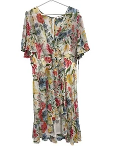 Calvin Klein Floral Faux Wrap Chiffon Dress Women 14 Flutter Sleeve High Low NEW - Picture 1 of 10
