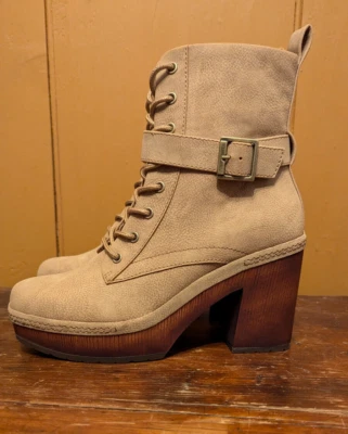 NUEVO Bota de Plataforma Kork-Ease Diana Taupe Cuero Sintético Con Cordones Hebilla Botín Talla 7 Foto 1 de 4