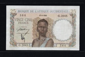 FRENCH WEST AFRICA 25 FRANCS 1943 P #38 VF++ - Picture 1 of 2