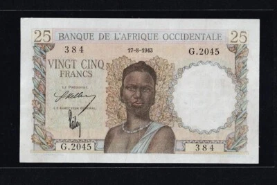 FRENCH WEST AFRICA 25 FRANCS 1943 P #38 VF++ - Image 1 of 2