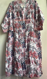 ✩BNWT! Lovely *ANOKHI* Floral Cotton Hand Block Print Pin Tuck Tunic Dress XL✩ - Picture 1 of 10