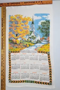 1973 Tea Towel Calendar with a White Church under a Blue Sky in the Fall EUC - Picture 1 of 6