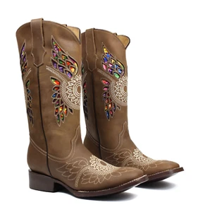 Women's Genuine Leather Western Cowgirl Boots Square Toe Botas Floral 3D - Picture 1 of 6