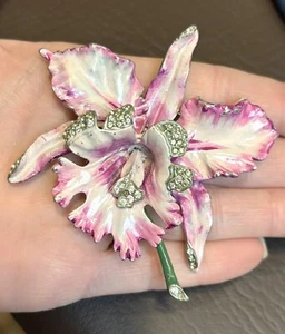 DEKO Topf Metall rosa lila Emaille Strass Orchidee Blume groß Vintage Brosche lesen - Bild 1 von 12