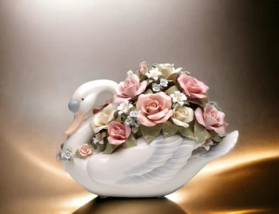 Caixa de música de cerâmica grande cisne com flores, decoração para casa, presente para ela, presente para Mo - Imagem 1 de 3