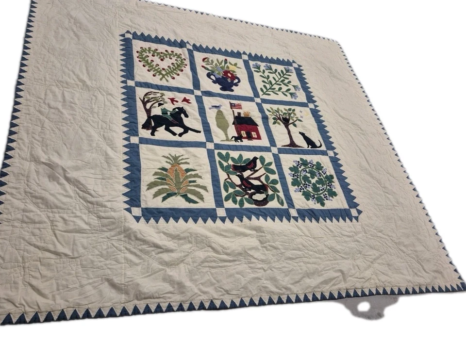 Edredón apliques 88" por 98" caballos árboles frutales aves flores ÚNICO EN SU CLASE Foto 1 de 4