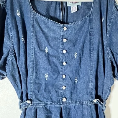 VTG Jane Ashley Dress 2X Denim Belted Button Front Western Gradient Embroidery - Image 1 of 4