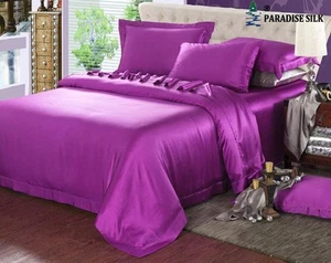 19MM Heavy Weight Seamless Silk Sheets Fitted Flat 4pcs Bedding Set - Picture 1 of 28