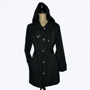 London Fog schwarzer Trenchcoat Gr. XL abnehmbare Kapuze Gürtel einreihig klassisch - Bild 1 von 19