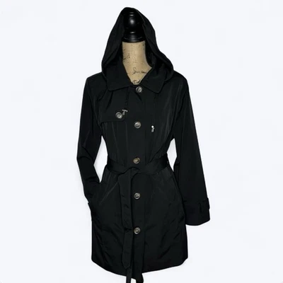 Gabardina London Fog negra talla XL cinturón con capucha extraíble clásico de un solo pecho Foto 1 de 4