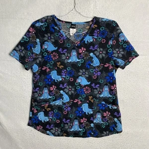 Disney Winnie the Pooh Eeyore Floral Black Blue Women's V-Neck Scrub Top Size M - Picture 1 of 15