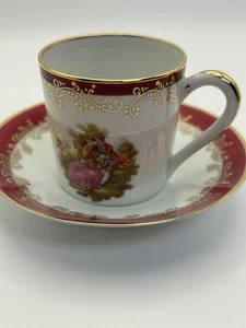 Limoges France Demitasse Gold Trim Porcelain Maroon Cup Saucer Courting Couple - Picture 1 of 15