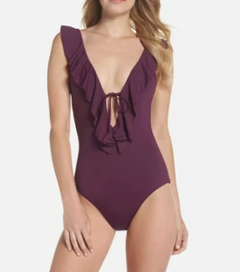Traje de baño Becca Socialite de una pieza con volantes Merlot púrpura talla grande para mujer nuevo sin etiquetas - Imagen 1 de 6