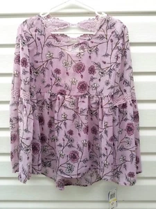 NWT Women Sz M Jolt Hippie Boho Cutout Crochet Back Floral Sheer Blouse - Picture 1 of 5