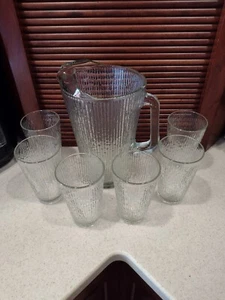 Vintage Jeannette Pitcher And Glassware Set Clear Tree bark Pattern - Picture 1 of 5