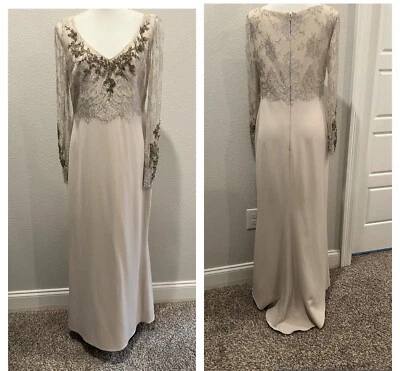 Badgley Mischka Nude Beige Evening Gown Lace Beaded Bodice Formal Dress Size 12 - Image 1 of 4