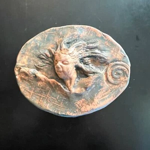 6" Oval Terra Cotta Clay Relief Witch Face w Flowing Hair Art Studio - Picture 1 of 4