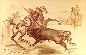 1949 LISTED AMERICAN JOHN GROTH SIGNED ORIGINAL WATERCOLOR  BULLFIGHTING RING - Picture 1 of 8