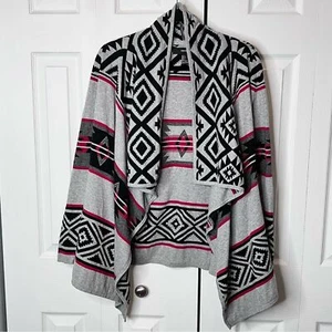 Forever 21 Womens Aztec Print Draped Cardigan Tribal Gray Black Red Boho Sweater - Picture 1 of 6