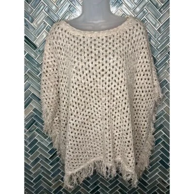 ROXY OPEN WEAVE FRINGED CREAM BEIGE SWEATER PONCHO CAPE WRAP BUTTON DOWN SMALL - Image 1 of 4