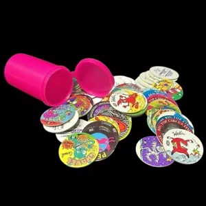 Lot de 61 récipients en plastique rose vintage années 90 Slammer Wammers Imperial POGS 1994 - Photo 1 sur 11