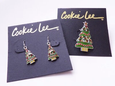 NEW Cookie Lee Set of Christmas Tree Pierced Earrings & Brooch Pin - Image 1 of 4