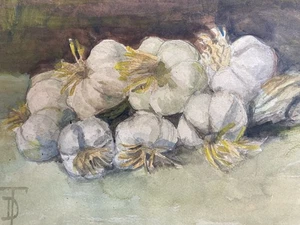 Schönes Gemälde Stillleben mit Knoblauchzehe Aquarell Gouache Papier 1900 Kunst - Bild 1 von 9