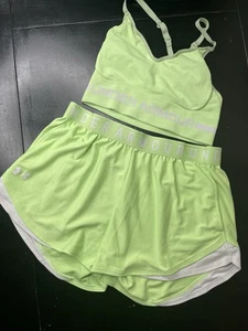 under armour Women’s Green Running Shorts And Sports Bra Set Medium - Picture 1 of 9