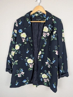 Blazer Cynthia Rowley para mujer grande azul marino estampado floral forrado muesca solapa Mb Foto 1 de 4