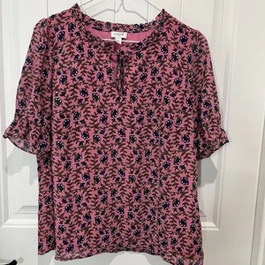 J. Rundhalsausschnitt drapiert Tie Neck Top Damen Medium Kurzarm rosa Blumendruck Bauer - Bild 1 von 8