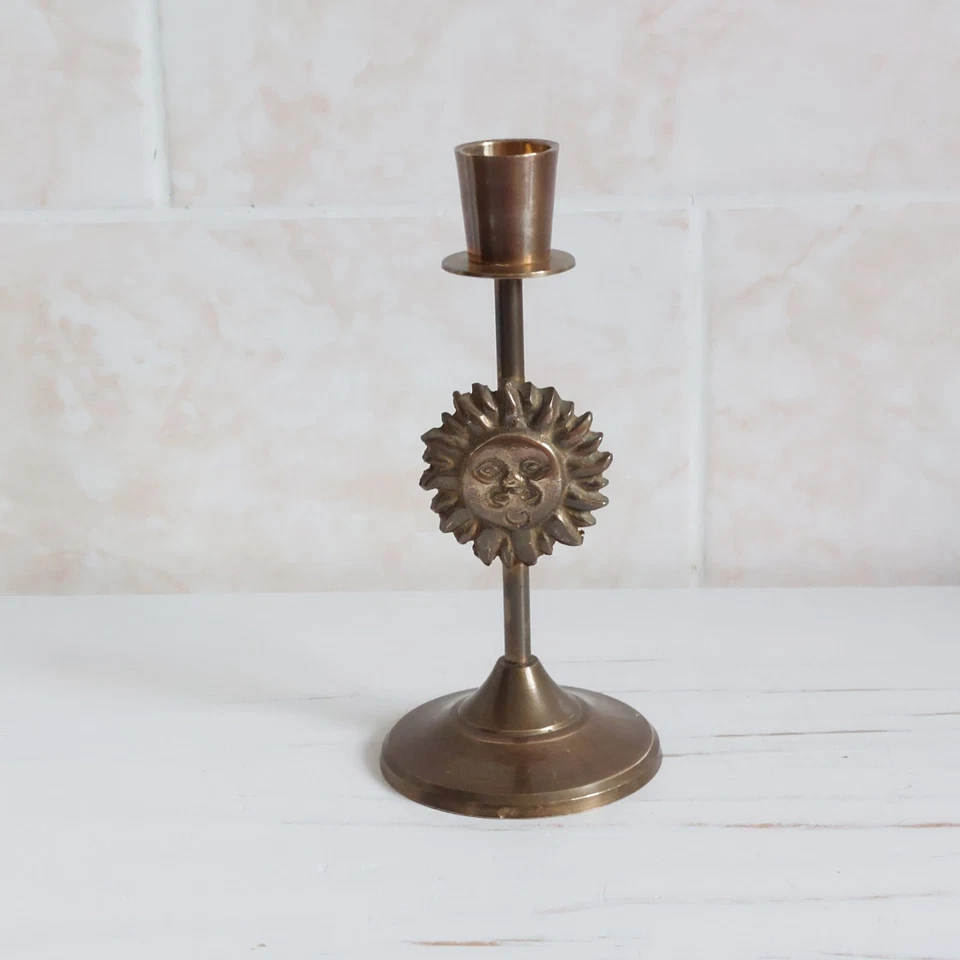 Retro Brass Sun Face Candlestick Candle Holder Celestial India H 16cm WEAR - Image 1 of 4