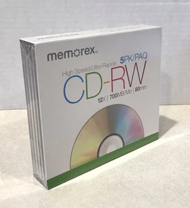 Memorex 5 Pack High Speed Blank CD-RW 12x 700MB/Mo 80 Minutes with Cases NEW - Picture 1 of 6