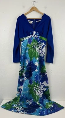 Maxi Vestido Vintage Años 70 Tori Richard Honolulu Azul Floral Talla 14 Foto 1 de 4