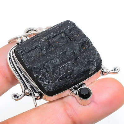 Nera Tormalina, Nero Spinello Gemma 925 Pendente Argento Sterling 5.3cm - Immagine 1 di 4