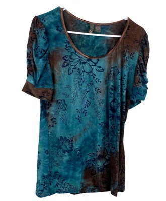 Sere Nade Forest Fairy Whimsigoth Semisheer Velvet Burnout Top Blue Brown Sz L - Image 1 of 4
