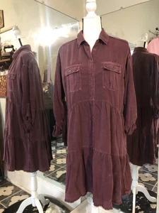 Pilcro Anthropologie Roll-Tab Sleeve Tiered Shirt Dress Small Plum Pockets Raw - Picture 1 of 9