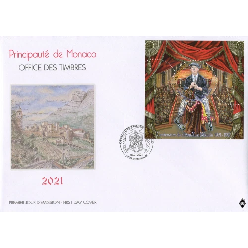 monaco 2021 100 year CLOWN YURI NIKULIN russia 1921 1997 circus cirque ms1v FDC - Image 1 of 1