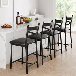 Set of 2/4 Leather Bar Stools Counter Height Kitchen Stools with BackSupport 22" - Picture 1 of 28