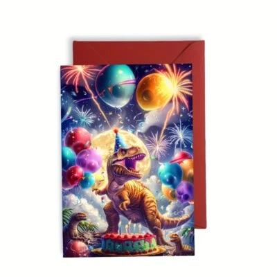 Tarjeta de cumpleaños de dinosaurio - "Celebración de cumpleaños T-Rex" - 4,33 x 6,3 pulgadas Foto 1 de 4