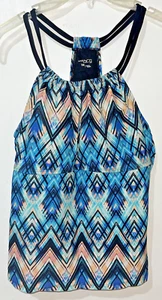 BCG Tankini Swim Top Women 10 Blue Peach Black Geometric - Picture 1 of 6