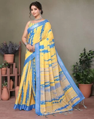 Sari para mujer liso estampado digital mezcla algodón seda con borde plateado tejido Foto 1 de 4