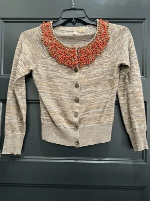 Cárdigan Anthropologie Moth Xs Marrón Adornado con Cuentas Cuello Línea Mezcla Lino Foto 1 de 4
