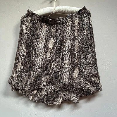 Scully Snakeskin Print Ruffle Hem Mini Skirt Medium Black Brown Elastic Waist - Image 1 of 4