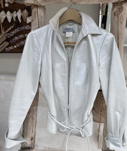 Fancy Leather Jacket CHETTA B Sz.4 Cuff Sleeves, Zipper Front, Belted; Pearl EUC - Picture 1 of 4