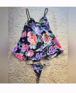 In Bloom Jonquil Chemise Thong Set Size M Push Up Babydoll Flyaway Flowy Chiffon - Picture 1 of 20