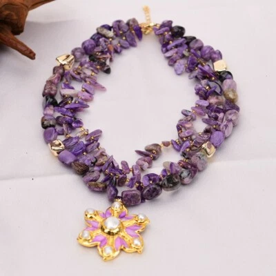 Collar colgante de perlas concha de piedra multiforma charoita púrpura natural de 3 filas Foto 1 de 4